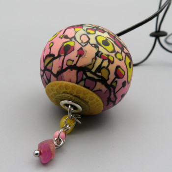 Crazy pink tones - hollow bead pendat with amber, and pink quarz