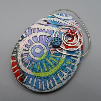 Colorful Faux batik Brooch with hammered wire spiral