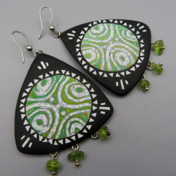 Faux Batik Big Earrings with natural peridot stones