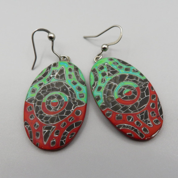 Faux batik red-green oval earrings No 1