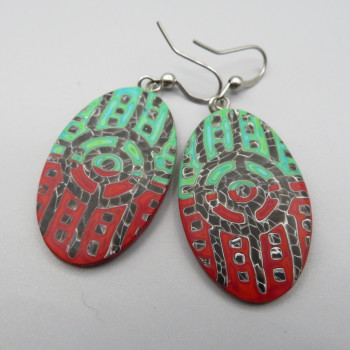 Earrings Faux batik red-green oval 2